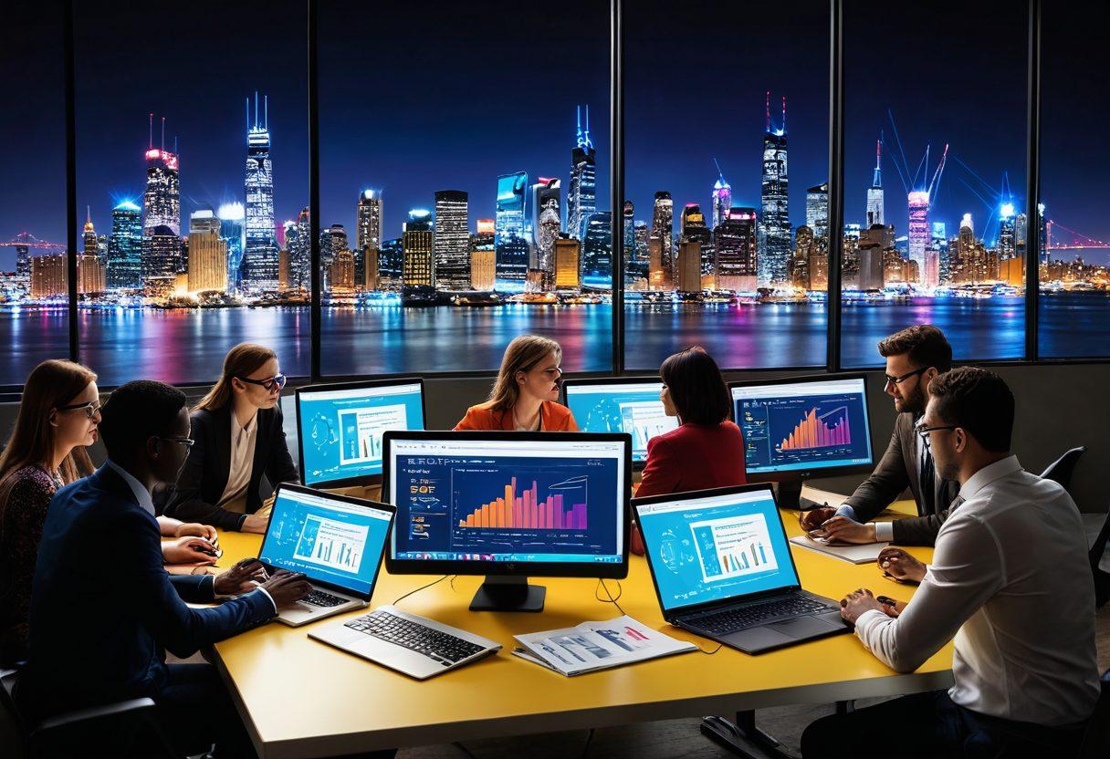 A dynamic digital workspace featuring a diverse group of people collaborating on online publishing strategies. Visual elements include laptops with graphs, interactive screens, and notes showcasing engagement techniques. A backdrop of a vibrant, tech-inspired city skyline symbolizes digital evolution. Stimulating colors to emphasize creativity and collaboration. super-realistic. vibrant colors. 3D.