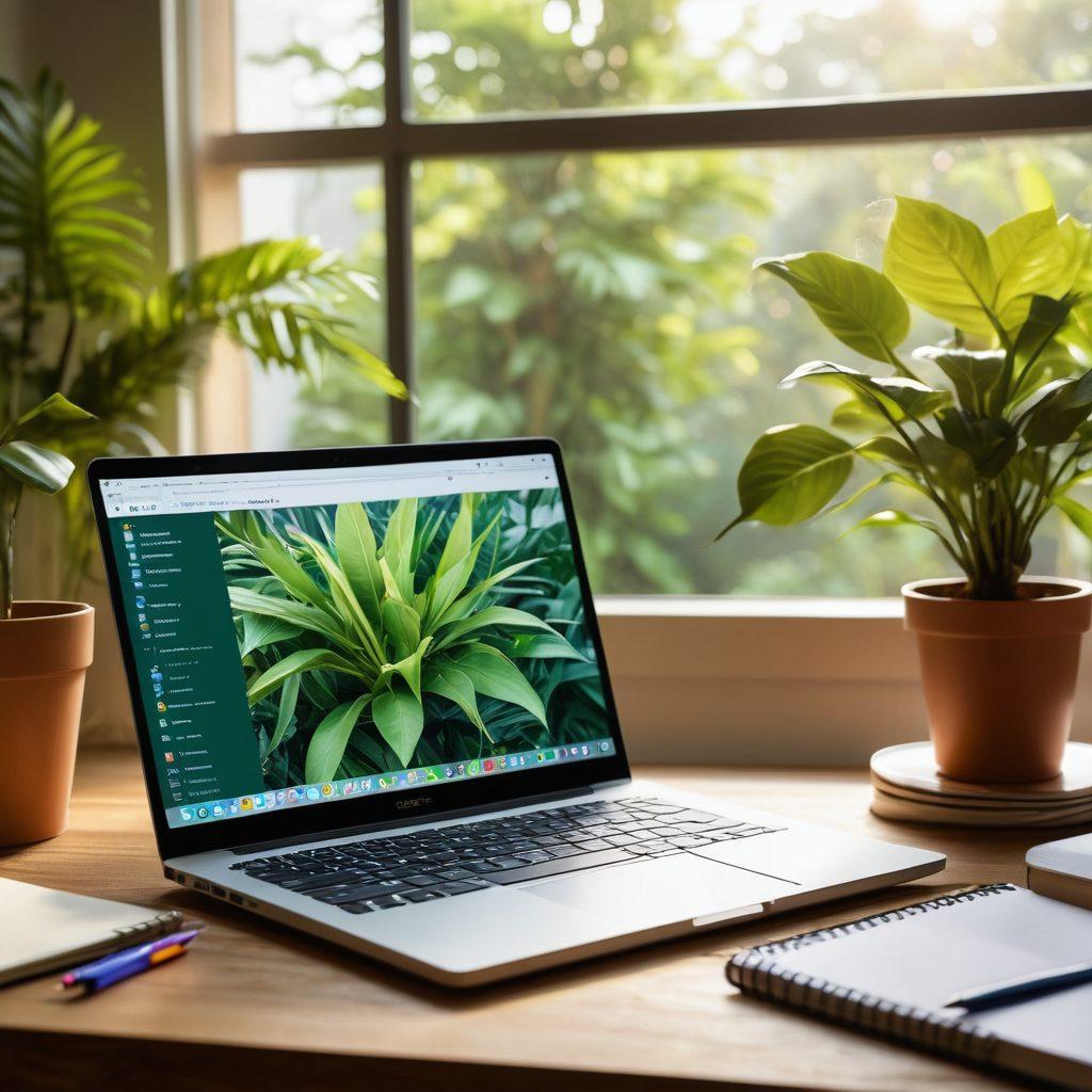 A serene workspace with a laptop displaying a vibrant article outline on the screen, surrounded by notebooks, pens, and a steaming cup of coffee. Natural sunlight floods in through a window, illuminating a plant nearby. Elements like digital icons representing various content formats (videos, podcasts, blogs) are subtly integrated in the background. The overall atmosphere exudes creativity and productivity. super-realistic. vibrant colors. warm tones.