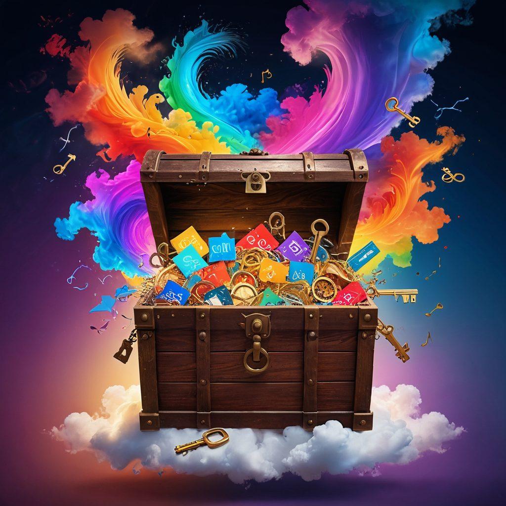 An opened treasure chest overflowing with vibrant, colorful blog posts and content ideas, radiating light in a digital space inspired by San Marco architecture. Include a backdrop of swirling clouds and keys symbolizing unlocked potential, with abstract representations of community engagement and creativity. Bright and inviting atmosphere. super-realistic. vibrant colors. digital art.